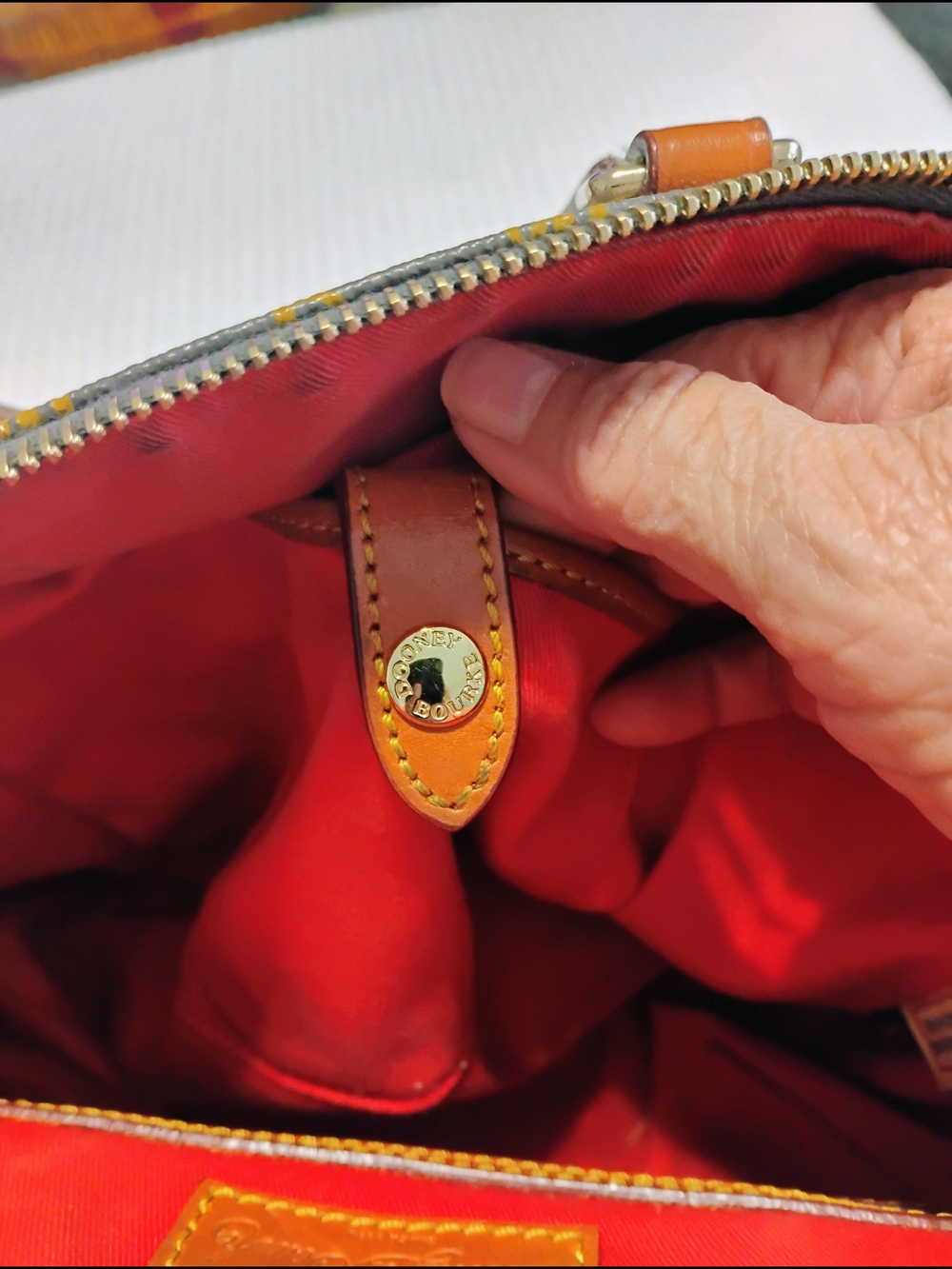 Dooney & Bourke Signature DB Monogram Satchel Brown Cognac Leather Trim - Picture 13 of 16